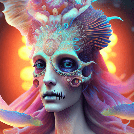 AI generated: Goddess close-up portrait ribcagel. jellyfish phoenix head, nautilus, orchid, skull, betta fish, bio...