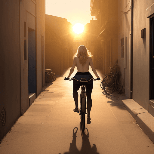 AI generated: A scene where the sun rises across an alley and a beautiful blonde woman rides a bicycle.