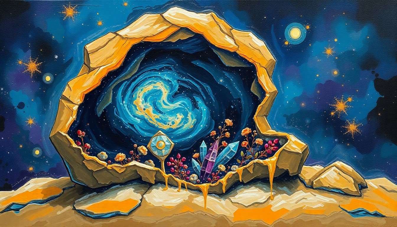 AI generated: A cosmic geode cracked open to reveal a miniature galaxy, with swirling nebulae and distant stars. T...