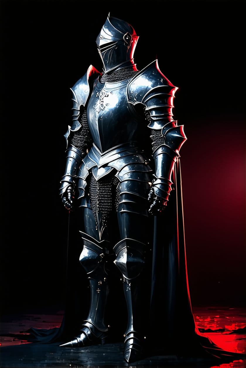 AI generated: Full-body knight black armor with pointed details, with a black cape and with a black background and...