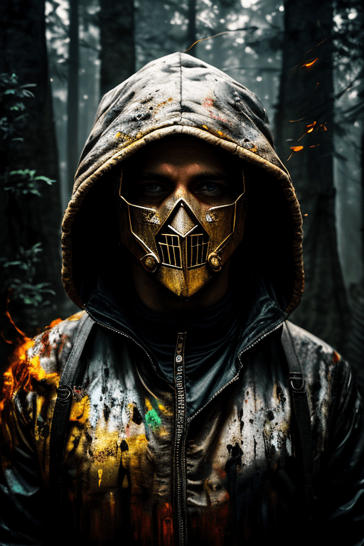 AI generated: mj, close up painting of a murderer, (proud pose:1.1), his iconic mask, forest, epic art, surreal ar...