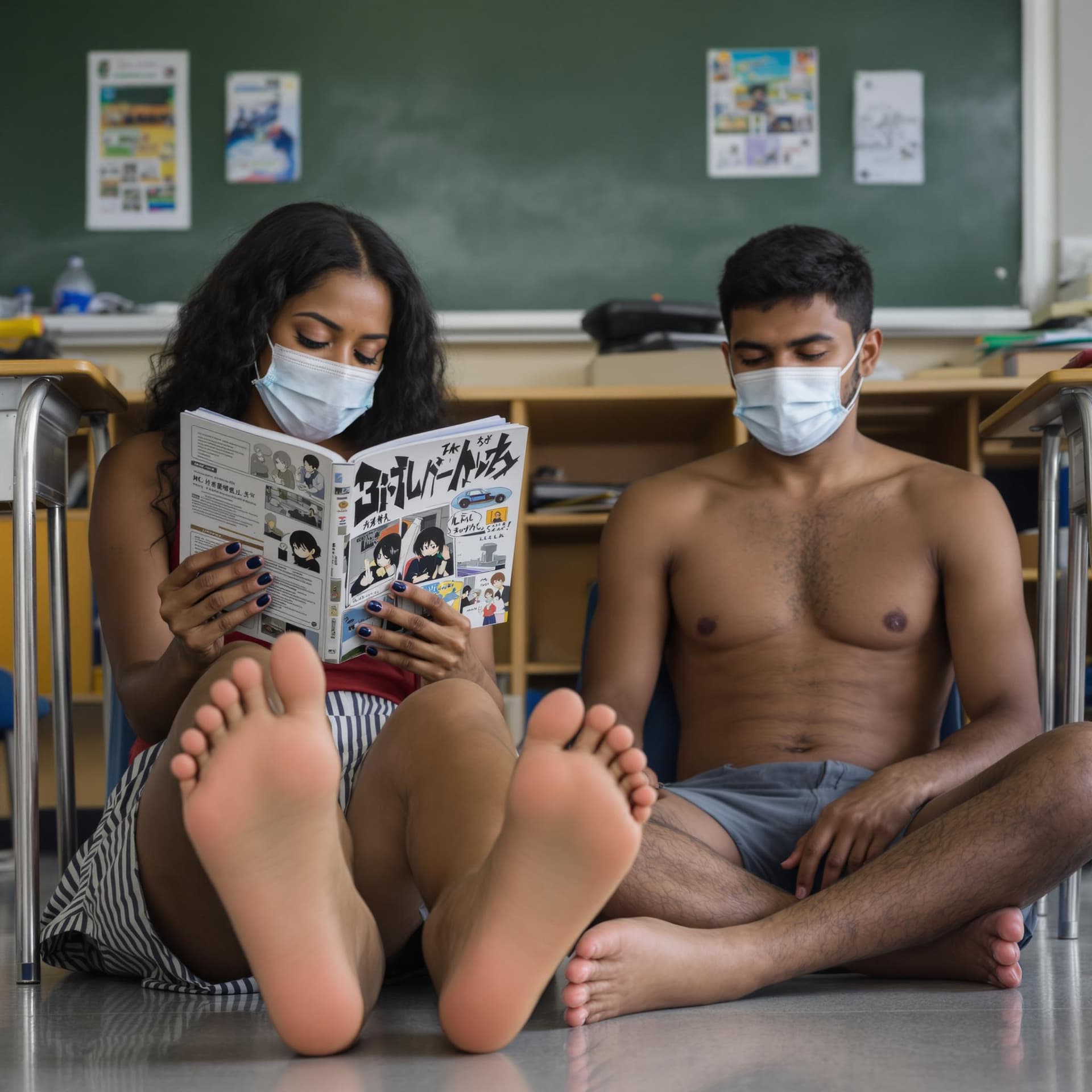 AI generated: (Very dark skin) Sri Lankan adult female student, with black toe nail polish, feet on display, readi...
