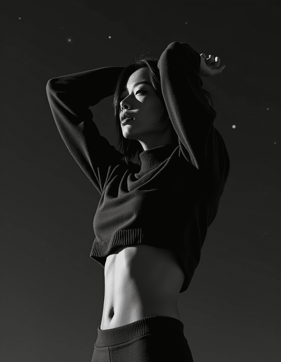 AI generated: monochrome High fashion photo of a 24 year old asian female radiant yoga instructor, Porcelain skin ...