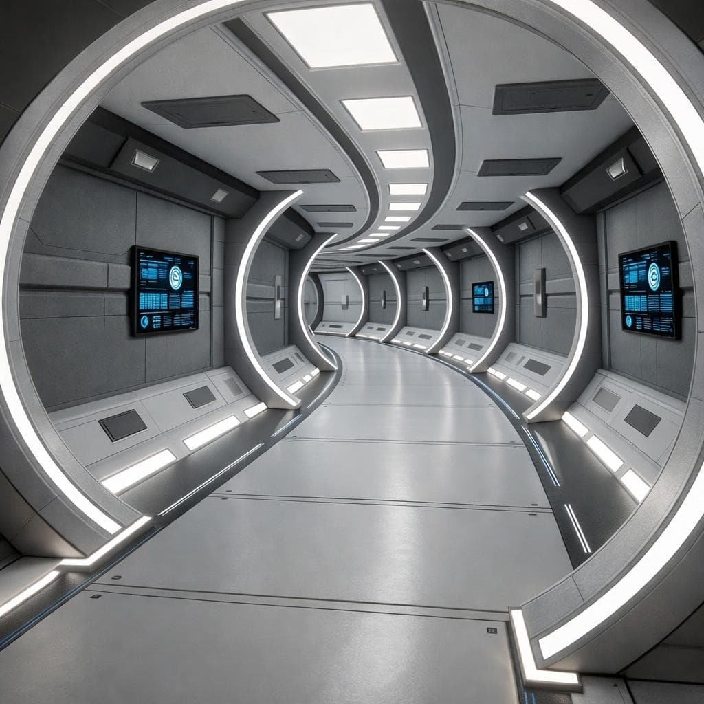 AI generated: Show the corridor passageway curving to the left.