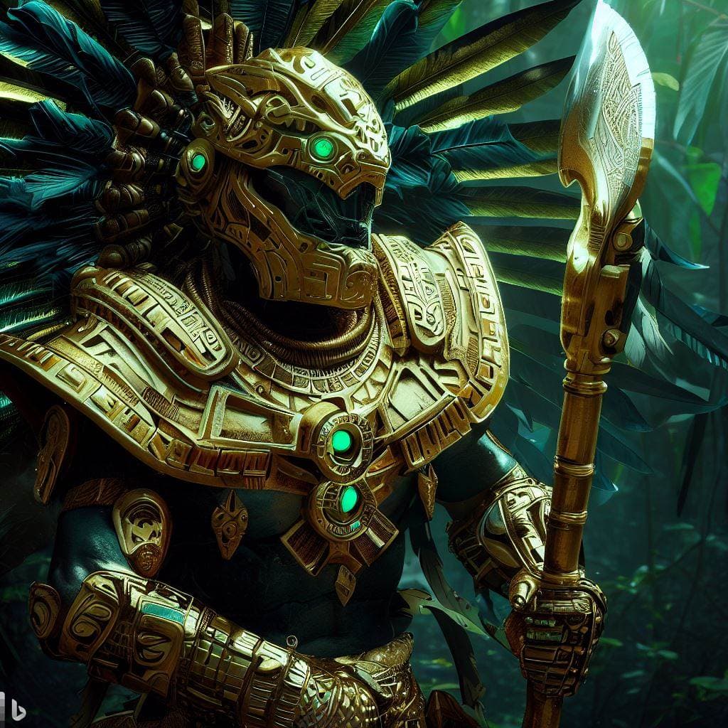 AI generated: sci-fi futuristic masked warrior with quetzalcoatl like gold and jade armor wearing penacho, axe att...