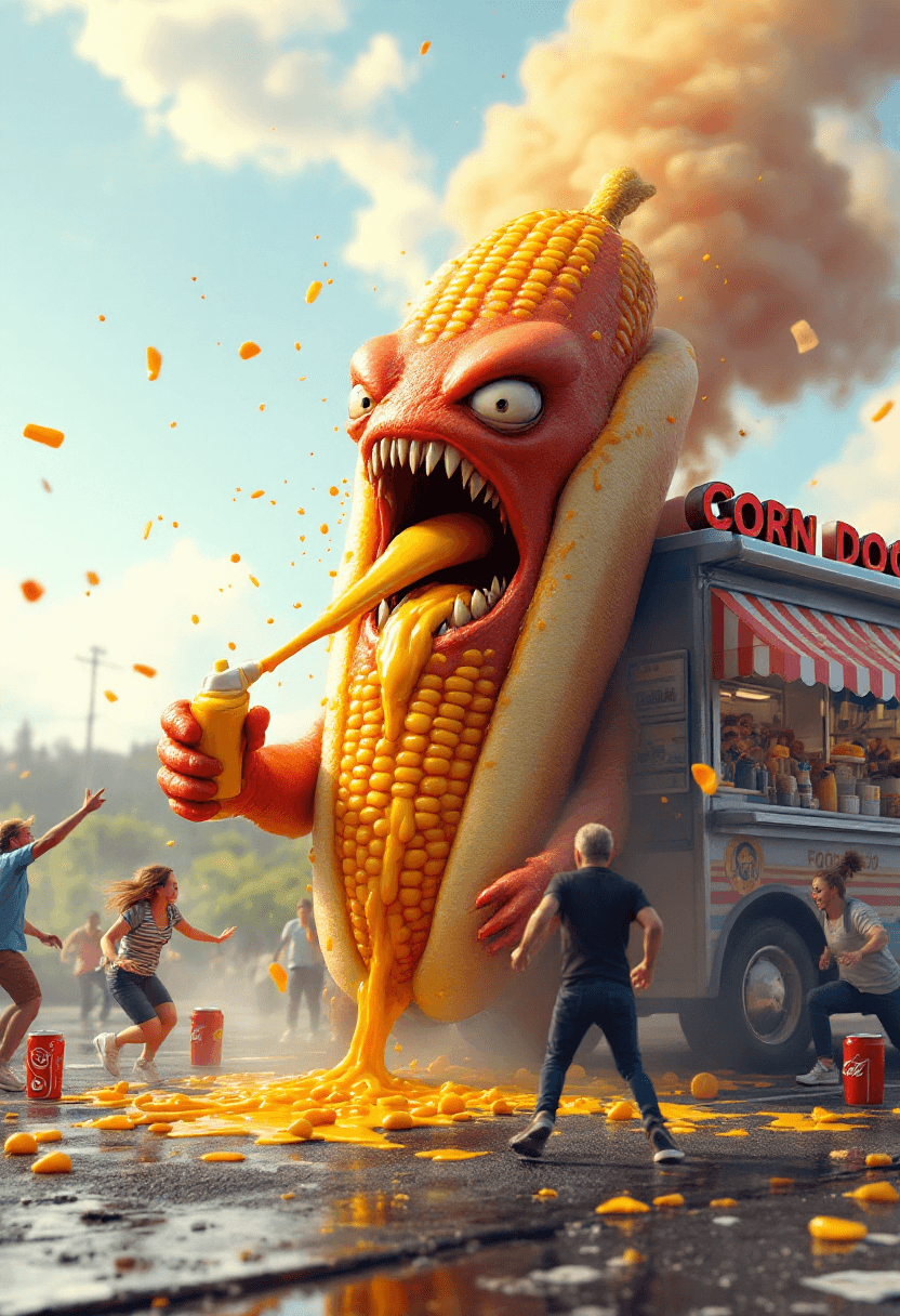 AI generated: A 3D (8K) photorealistic (hyper- detailed) image of a full body, monster corn dog.  It has sharp tee...