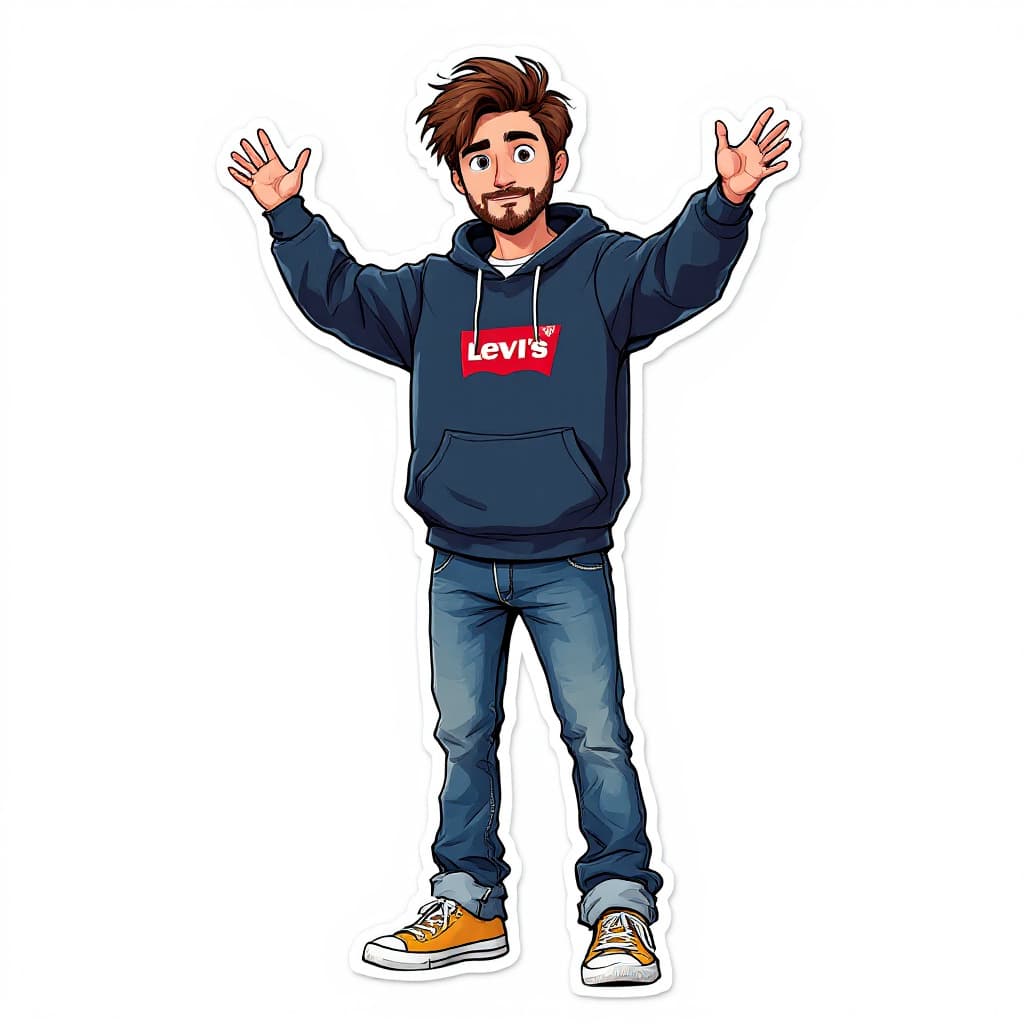 AI generated: A full body illustration of an animated cartoon portrait of a young man with brown hair and a two-da...