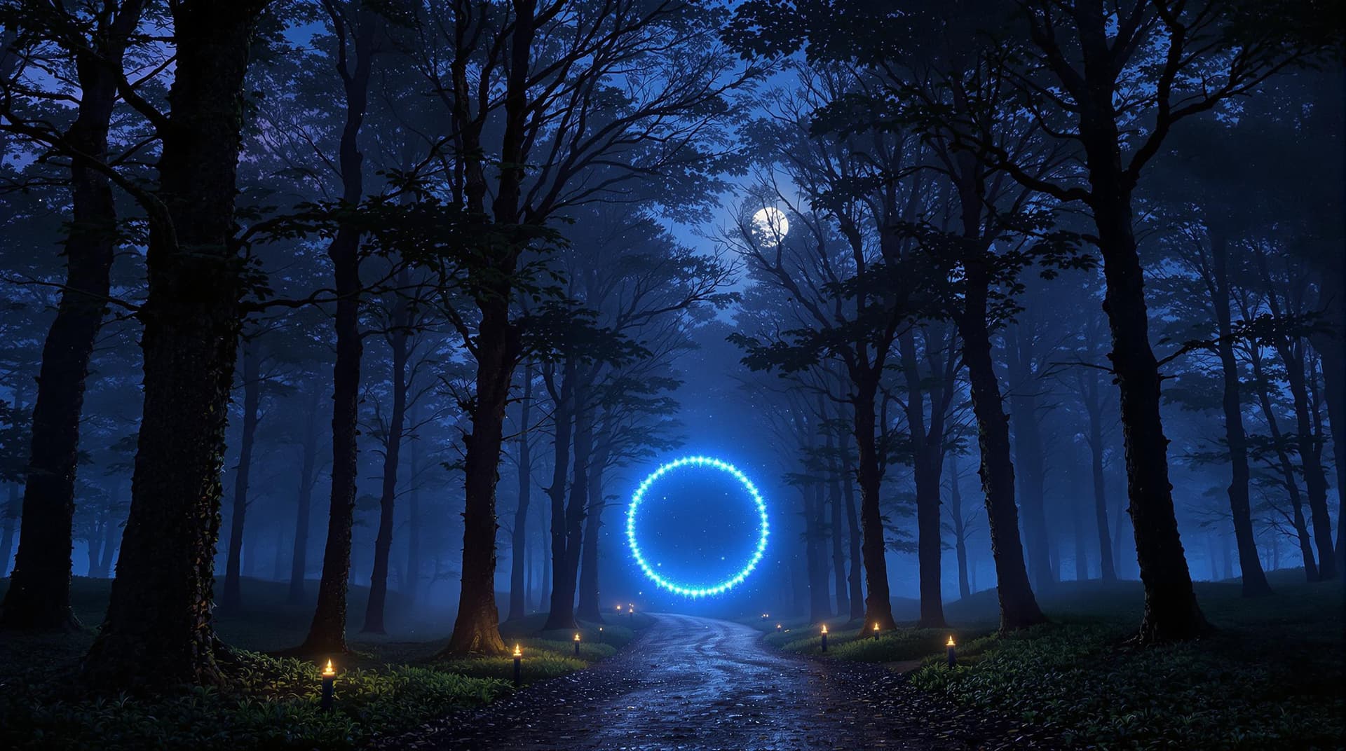 AI generated: a dark misty fairy tale forest at night time, a large gap in the trees at the centre of the image an...