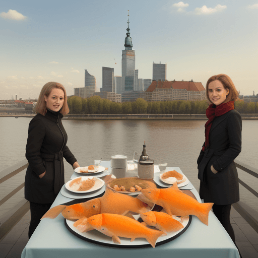 AI generated: crucian carps with legs and human faces standing on the ground. Next to them a stool on the plate on...