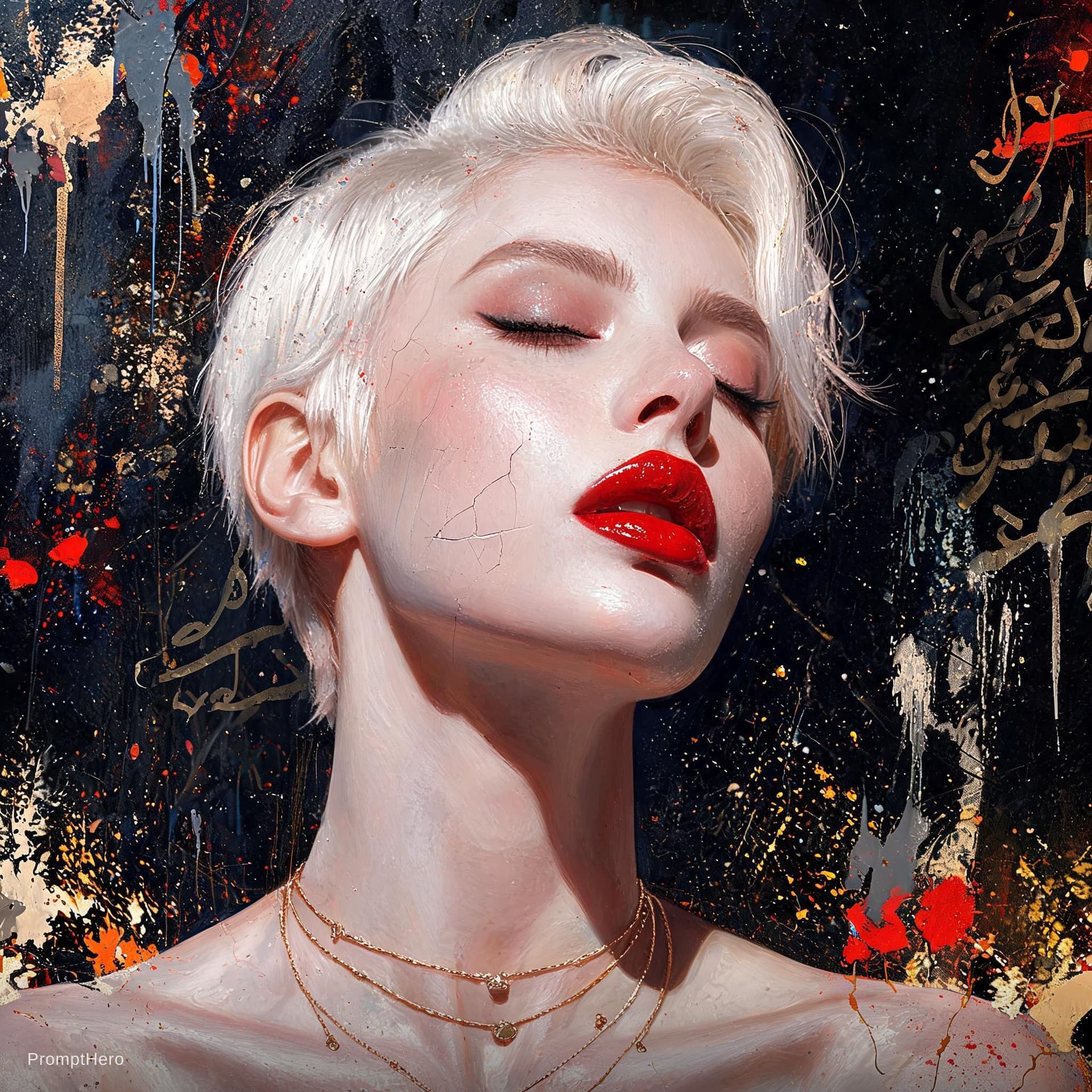 AI generated: Hyper-realistic portrait of a glamorous woman with short platinum blonde hair, head tilted slightly ...