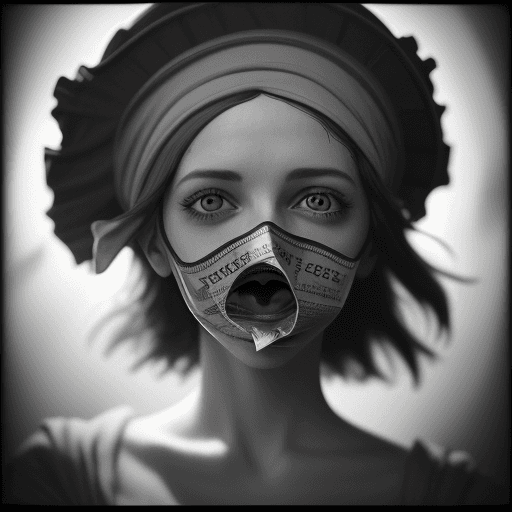 AI generated: colors, both eyes covered with 1 money bill, mouth is covered with a handkerchief, wearing a statue ...