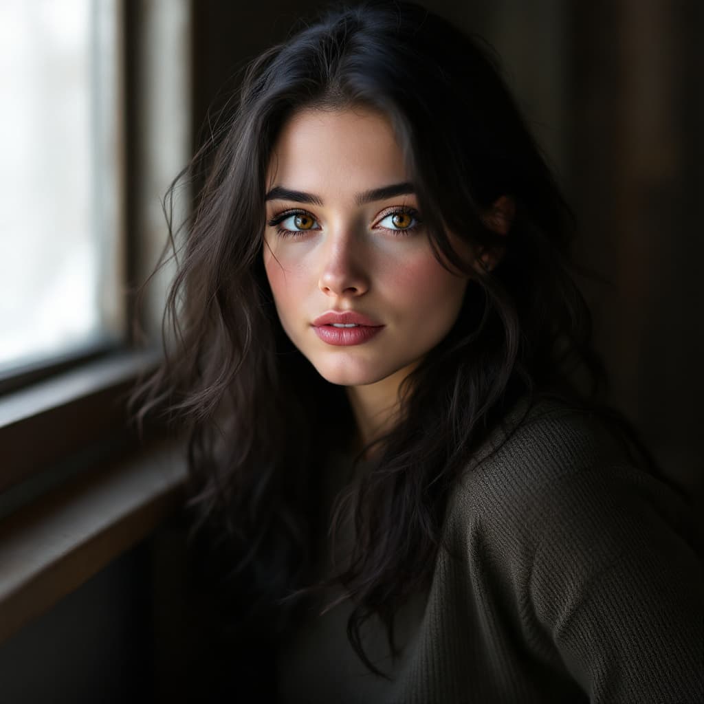 AI generated: portrait of hot 21 years old Sweden girl, with black brunette hair and brown hazel eyes, she has so ...