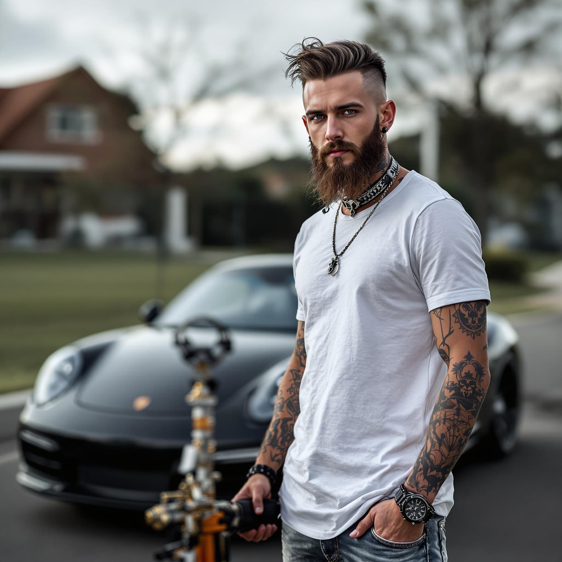 AI generated: Charismatic skinny Gothic Guy in good shape with Tattoos wearing a white t and Jeans. Standing next ...