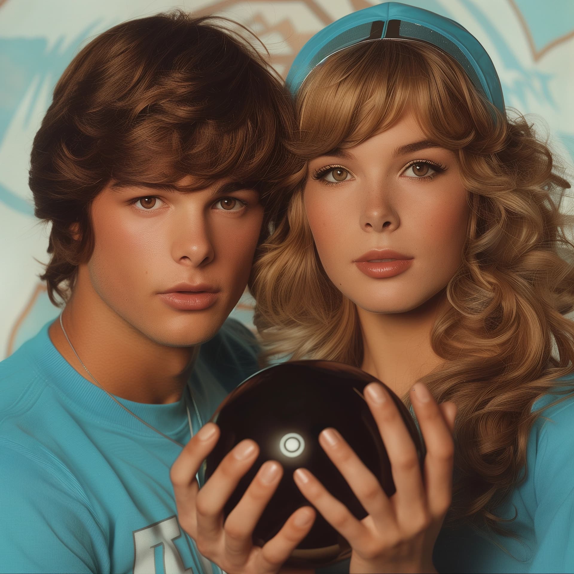 AI generated: 1980s style illustration of two people in blue t-shirts, one male with brown hair and the other fema...