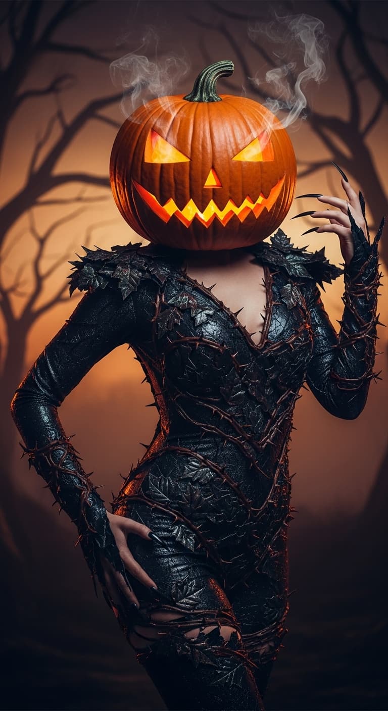 AI generated: Woman wearing Halloween costume: scary pumpkin as her head, black long nails, and skin tight attire 