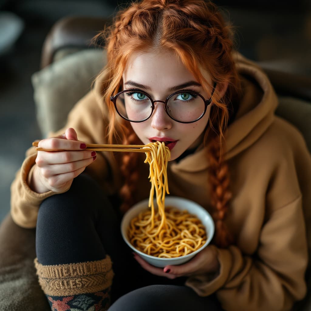 AI generated: Photo realistic up angle photography of a beautiful thin 20 year old woman with long thick red hair ...