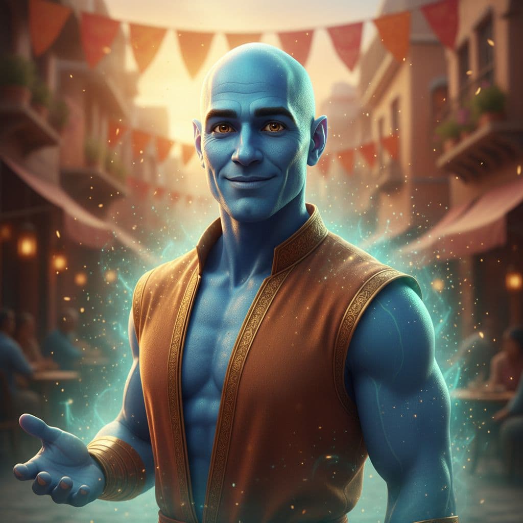 AI generated: Create a realistic cinematic portrait of a friendly, approachable Genie inspired by Indian culture a...
