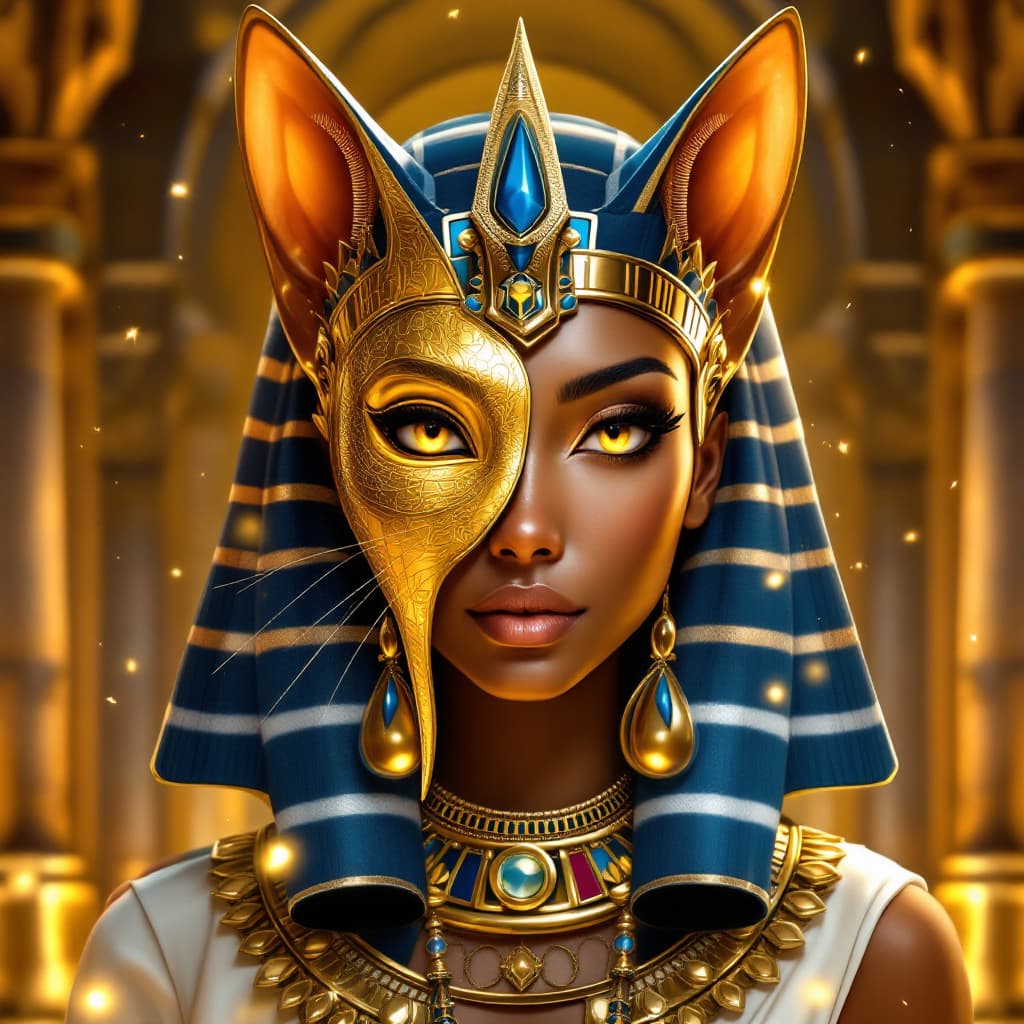 AI generated: portrait of Egyptian goddess Bastet, regal Egyptian woman with bronze skin, ethereal golden cat mask...