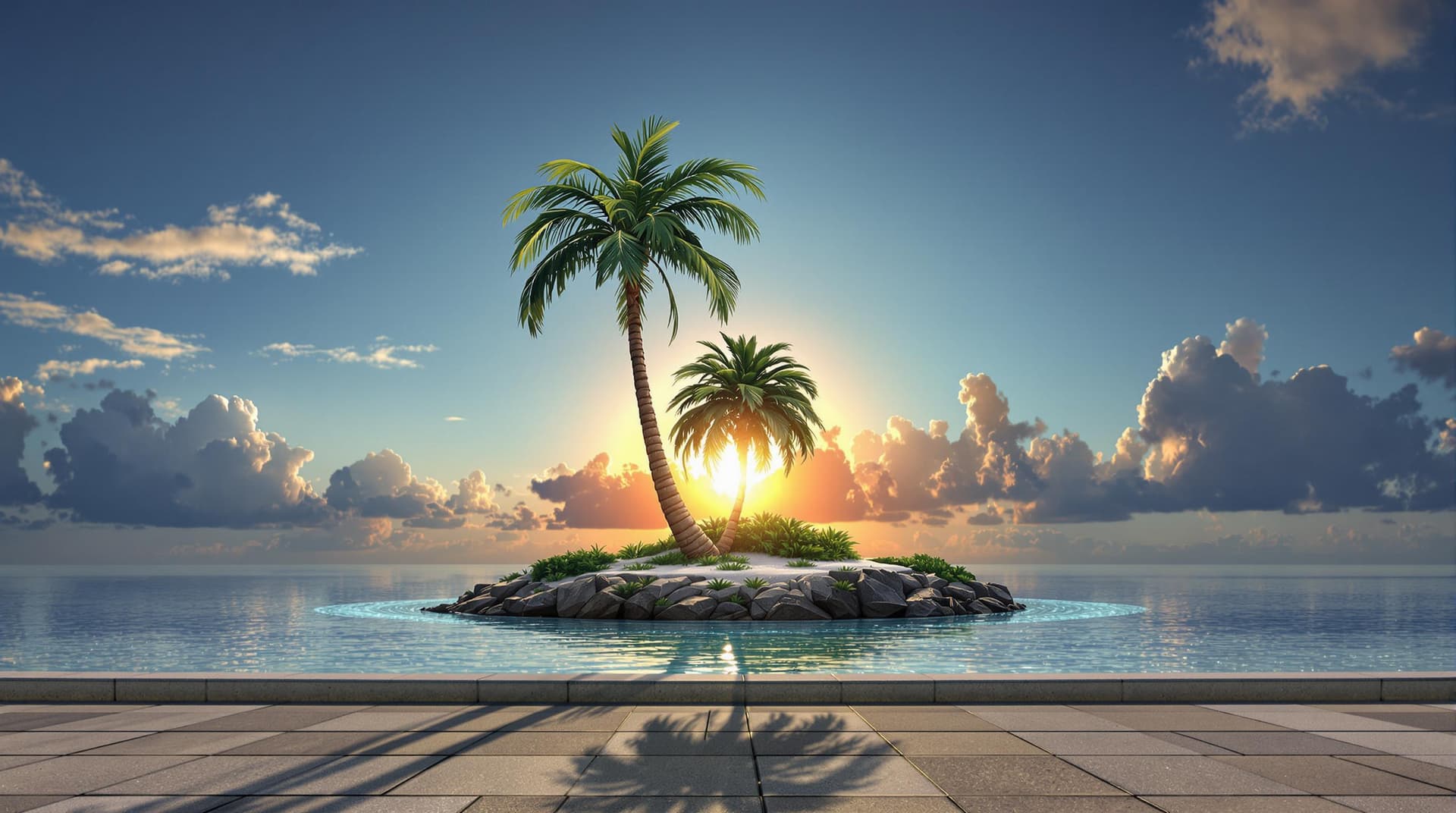 AI generated: a professional photo of a tiny island (masterpiece), (realistic), with a single palm tree, with a br...