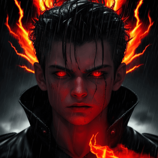 AI generated: young god, Boss, in a rainstorm, thunders in background, scary, 4k, insane, red eyes, flame in the b...