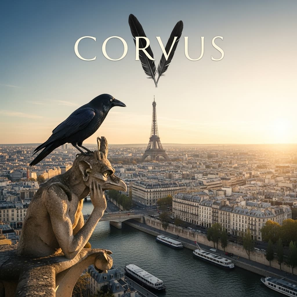 AI generated: Ultra Realistic image, square format (1:1). A black crow perched on the head of a weathered realisti...