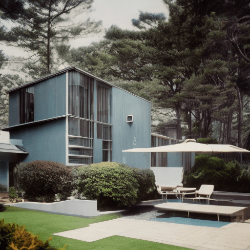 AI generated: Hyper realistic eye level exterior photo of a mid century modern style house overlooking the ocean, ...