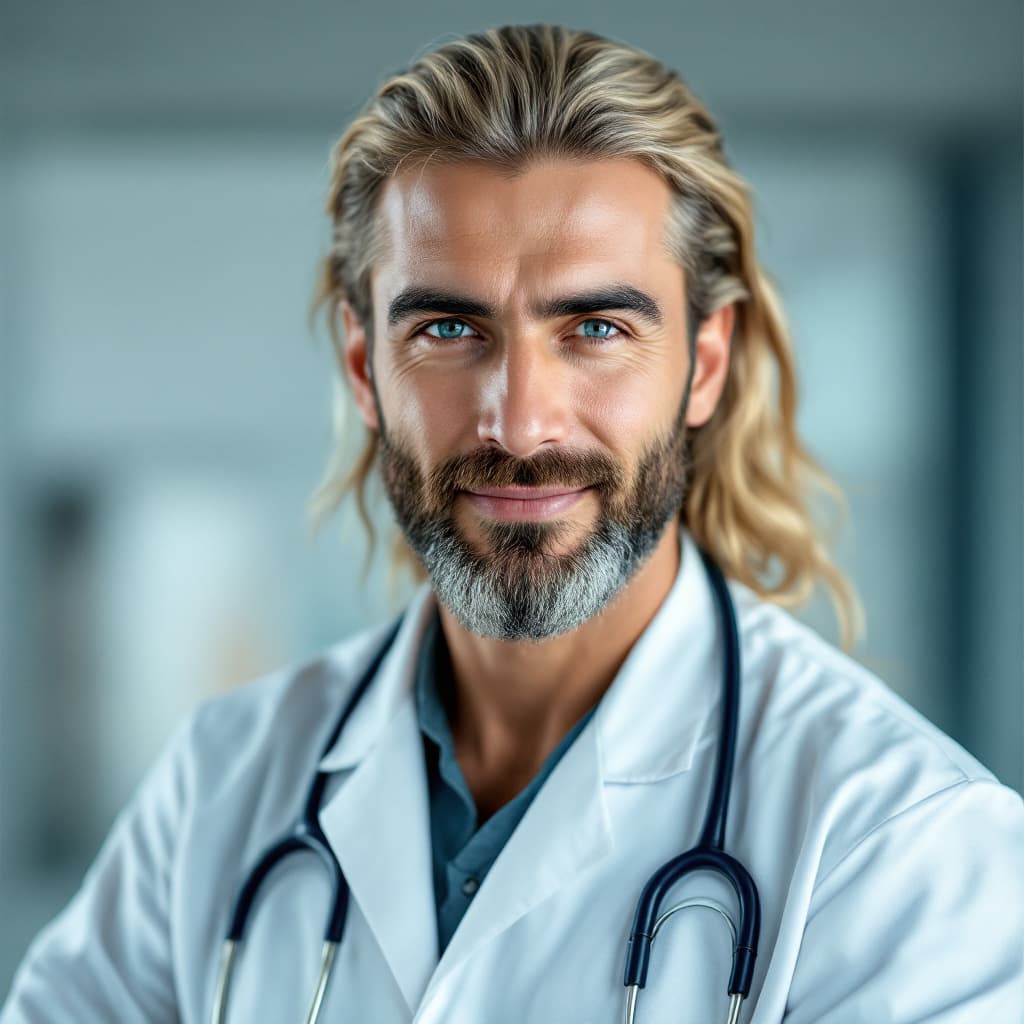 AI generated: A male Iranian doctor with blue eyes, blonde beard, and long, combed-back hair. He has a stethoscope...