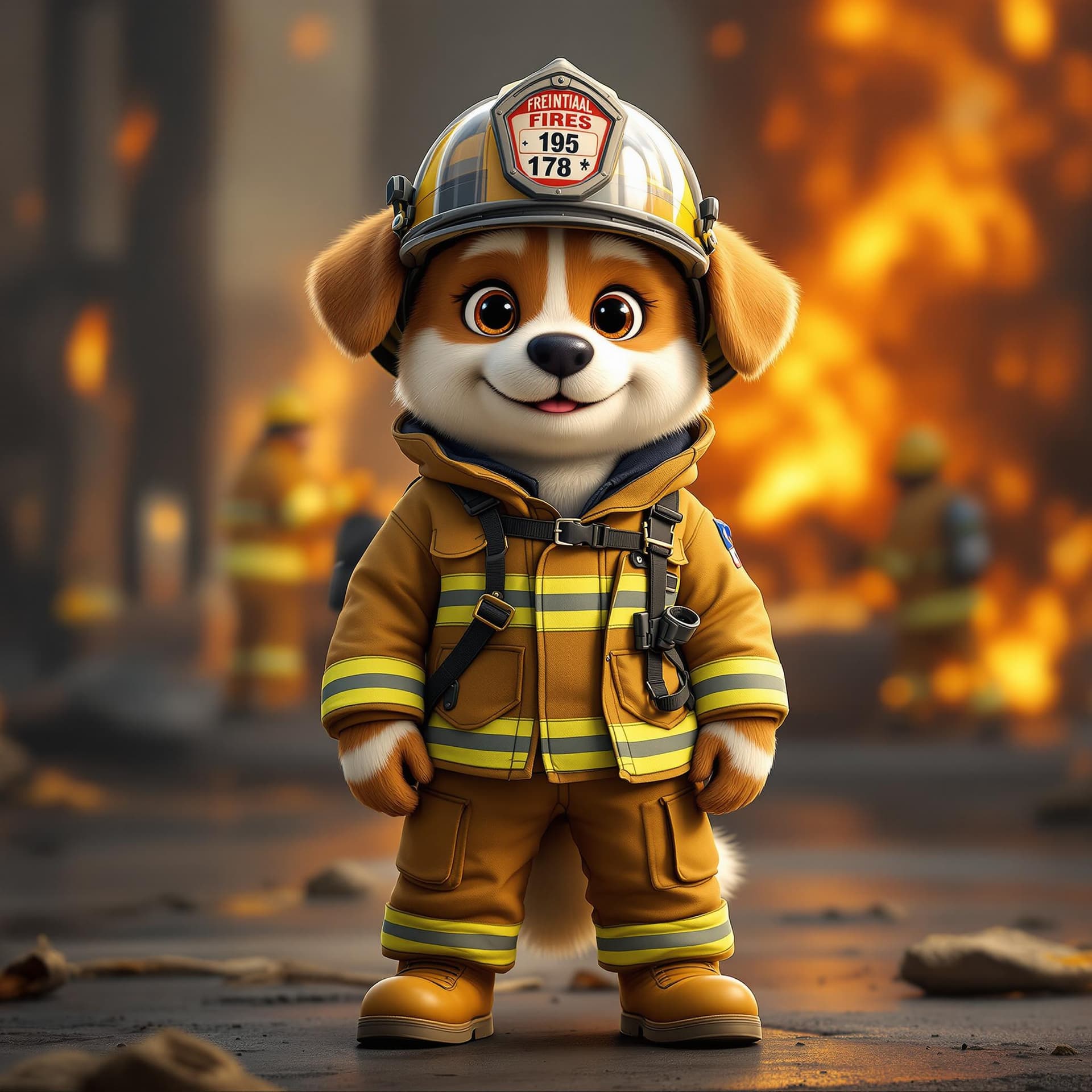 AI generated: A cute firefighter dog standing like a person, dressed in a protective helmet, a durable firefighter...