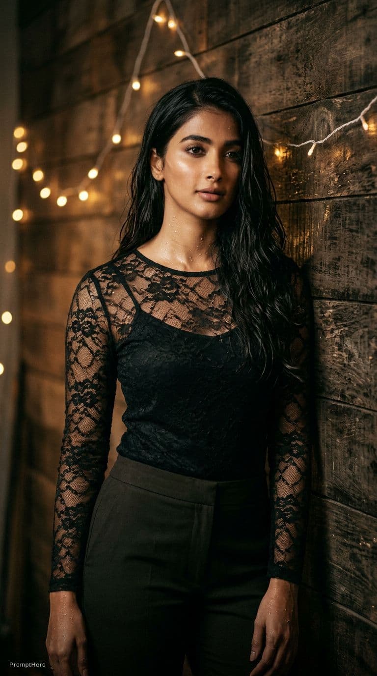 AI generated: Create a image of Pooja Hegde  with long, flowing black hair, wearing elegant black lace , standing ...