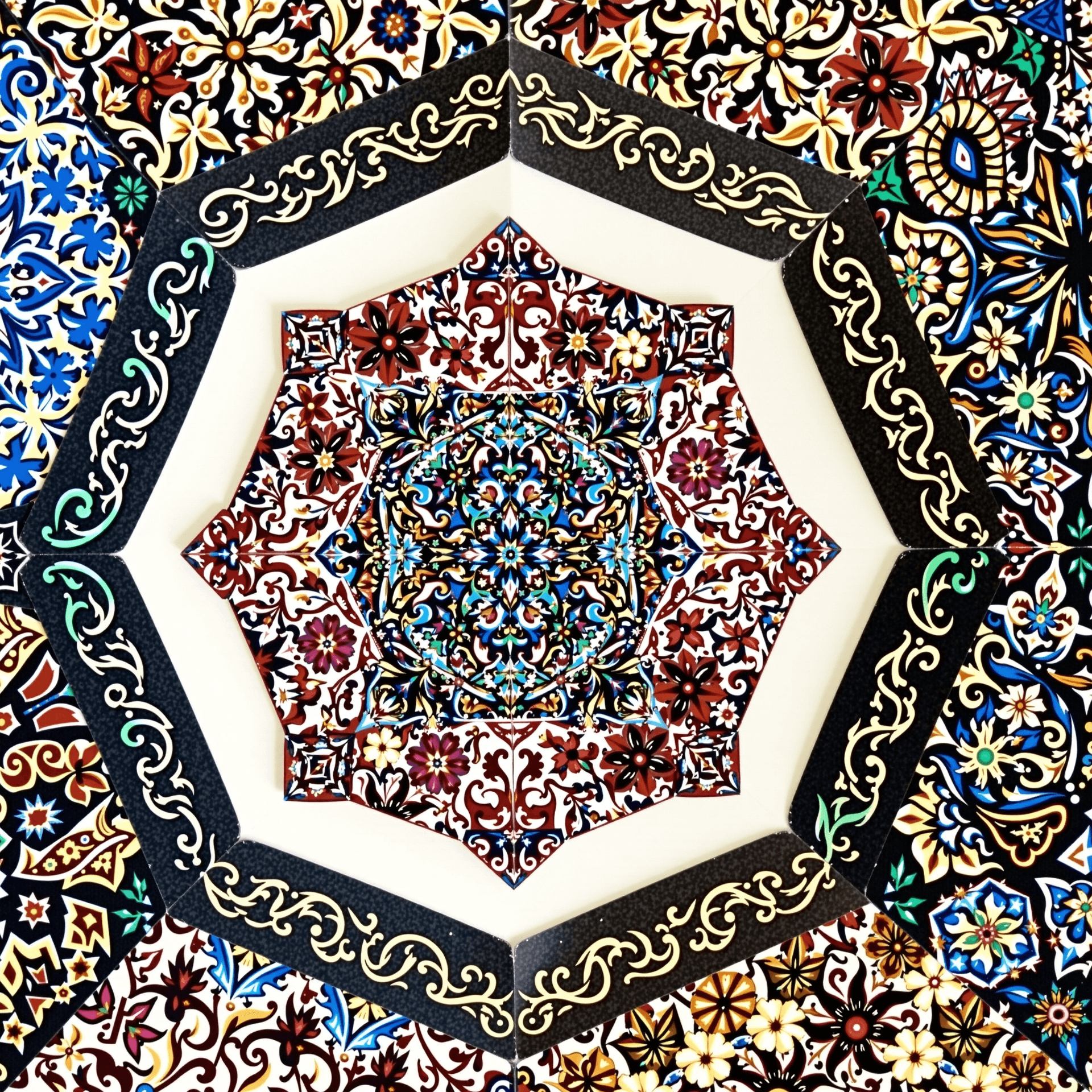 AI generated: "A geometric abstract art piece symbolizing cultural fusion, combining patterns from various traditi...