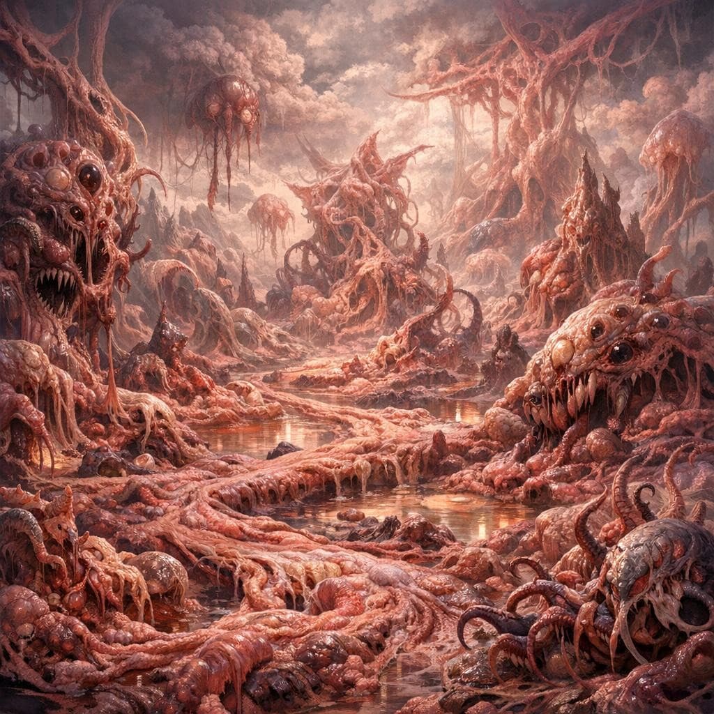 AI generated: Create a unique environment/Biome of a Mutation → The Shifting Fleshlands (constantly changing lifef...