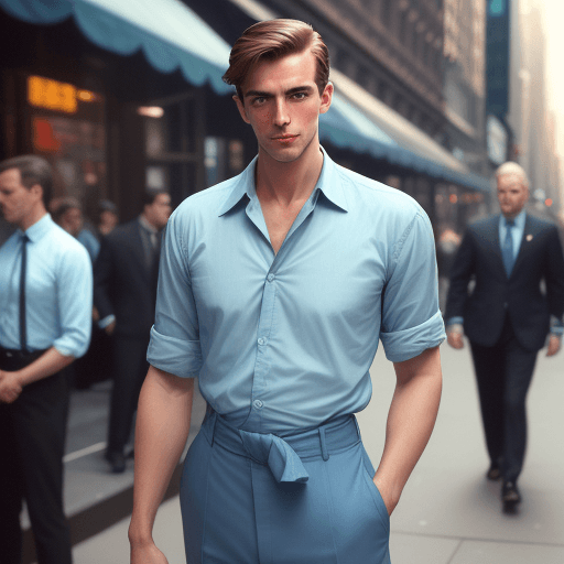 AI generated: ((waist photo)) beautiful men model in the streets of New York, wearing light blue shirt . analogue ...