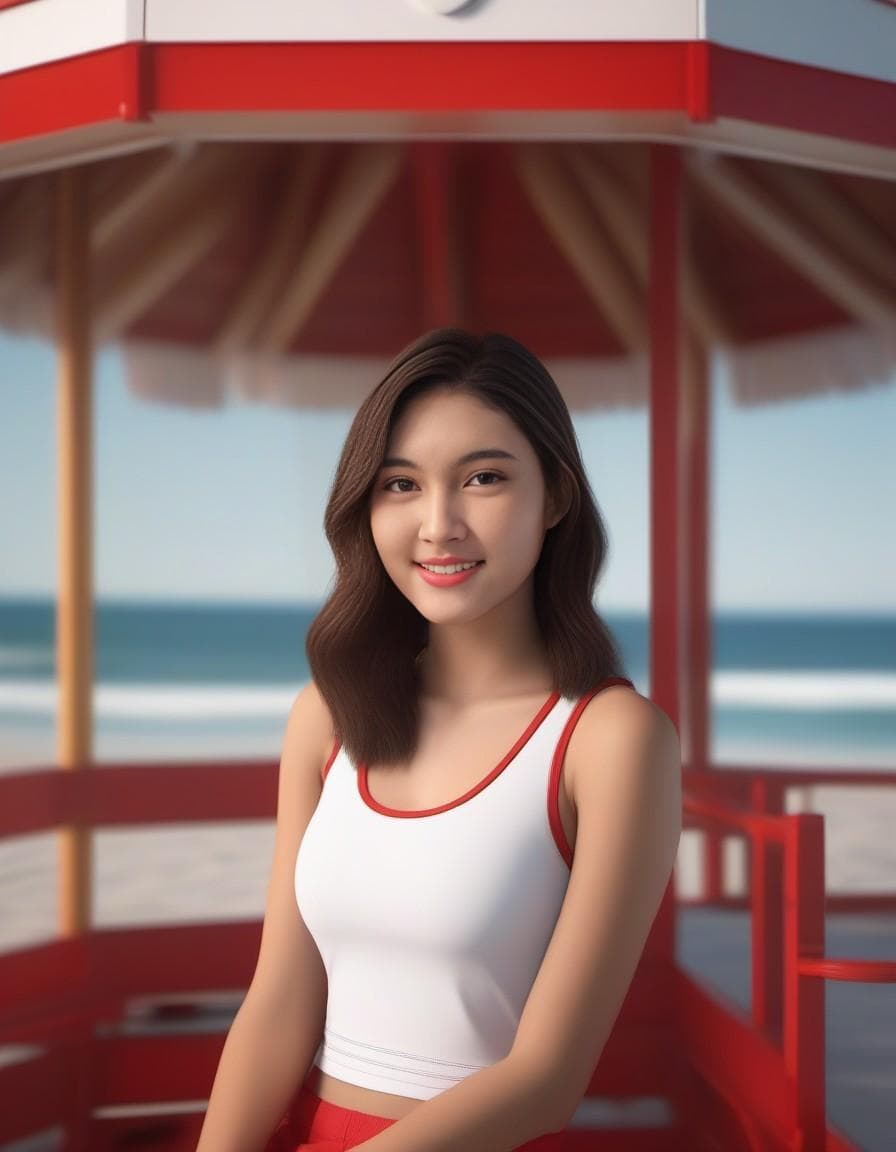 AI generated: (Asian girl as a lifeguard, sitting in the sun, lifeguard tower, plain white shirt, red shorts), 8k,...