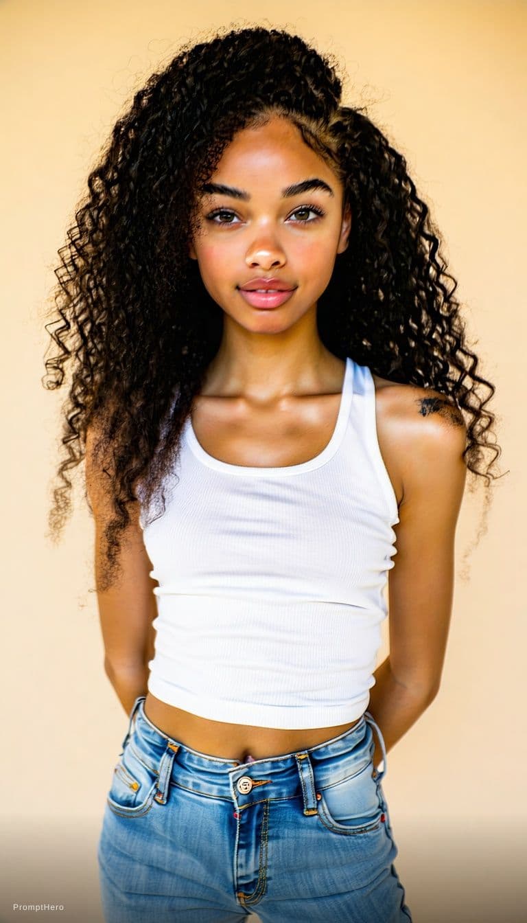 AI generated: A hyperrealistic portrait of an 19-year-old  girl with an extremely slim figure, standing in a natur...