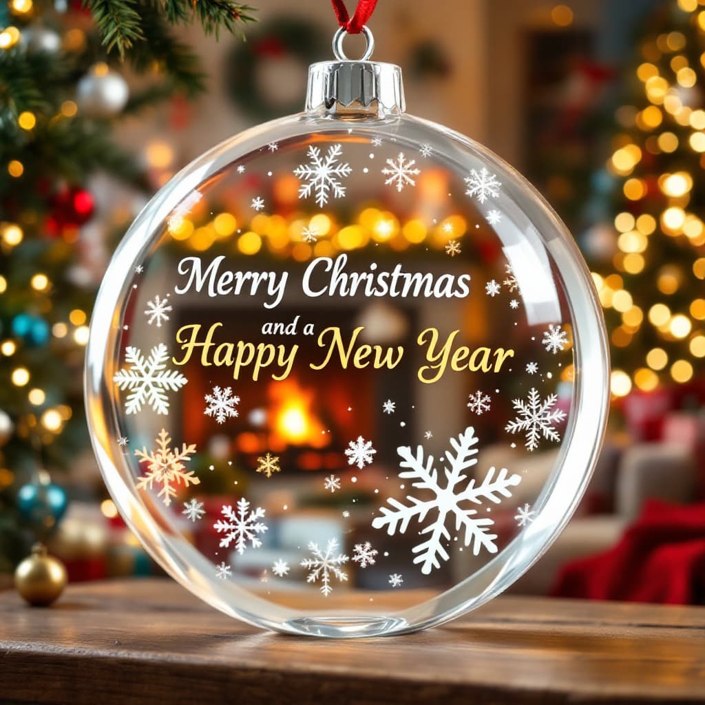 AI generated:  a translucent crystal ornament with beautiful snowflakes and the name "Merry Christmas and a Happy ...