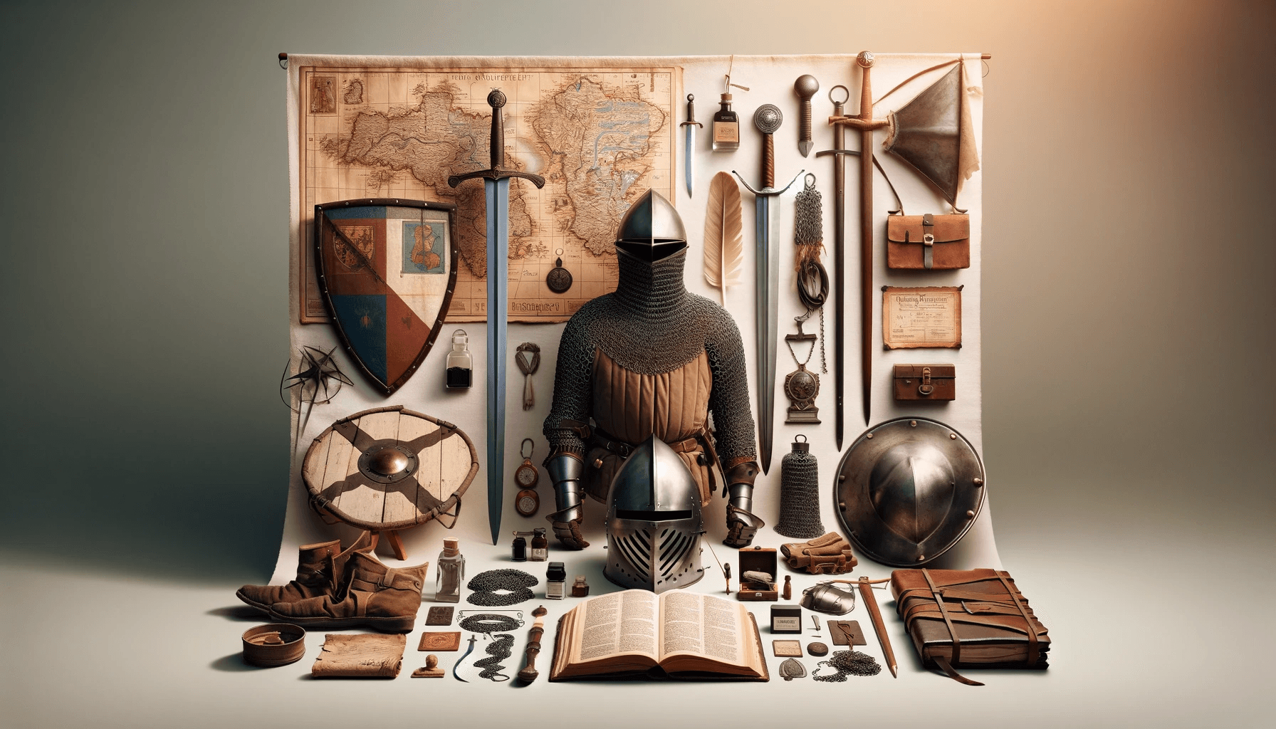 AI generated: A knolling arrangement of various objects a knight from the 1500s would use, including a sword, shie...