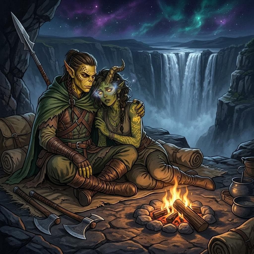 AI generated: a githzerai male ranger tries to comfort a green female tiefling that is having visions of the futur...