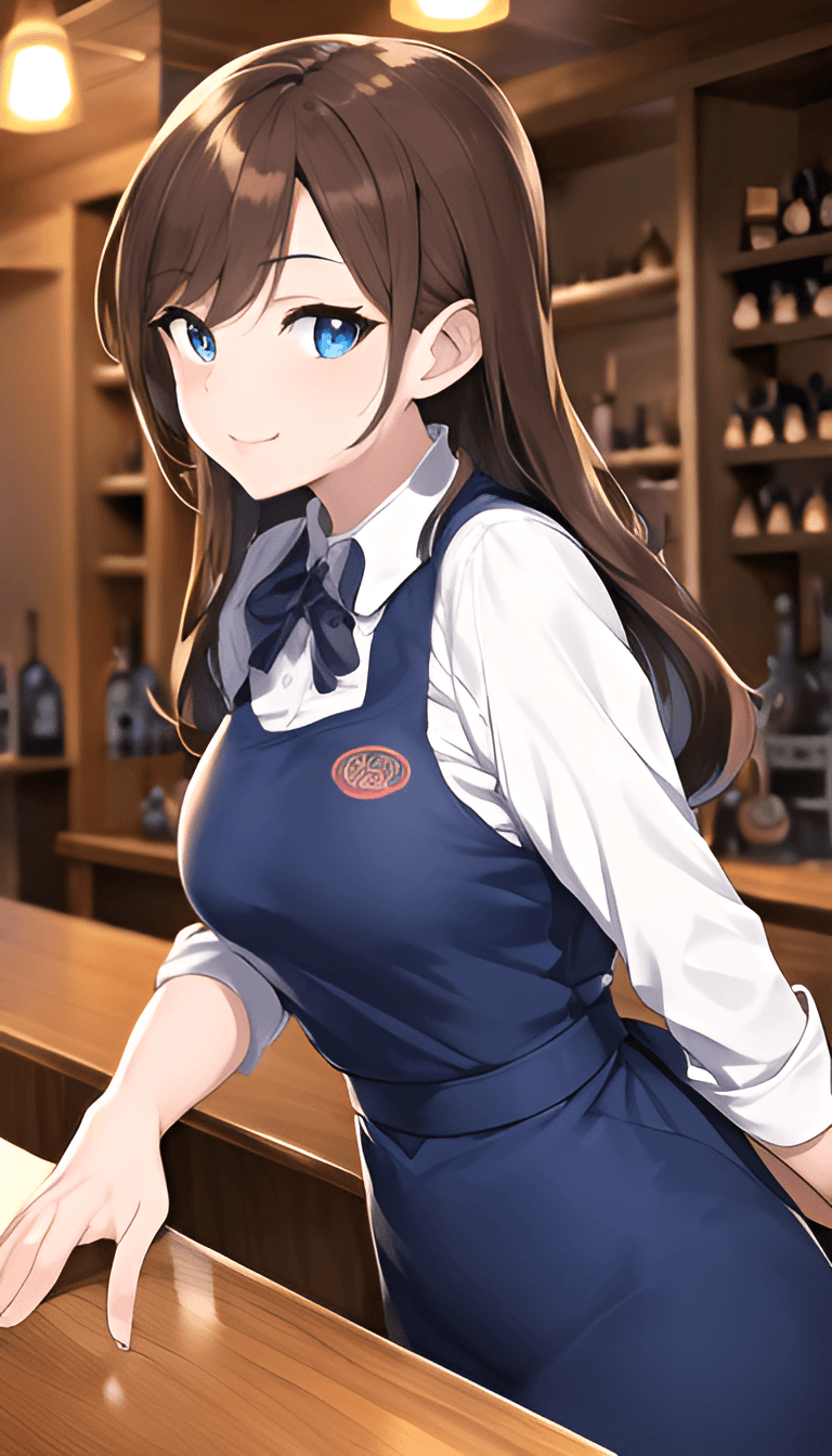 AI generated: An anime girl working as a bartender, bar, bartender outfit, 25 years old, bar, bottles in backgroun...