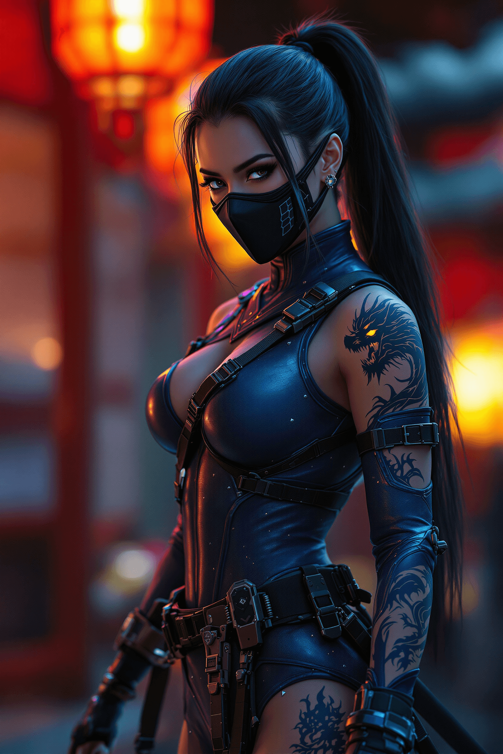 AI generated: A cinematic mid-body shot, focusing on a battle-ready female warrior, captured from her thighs to up...