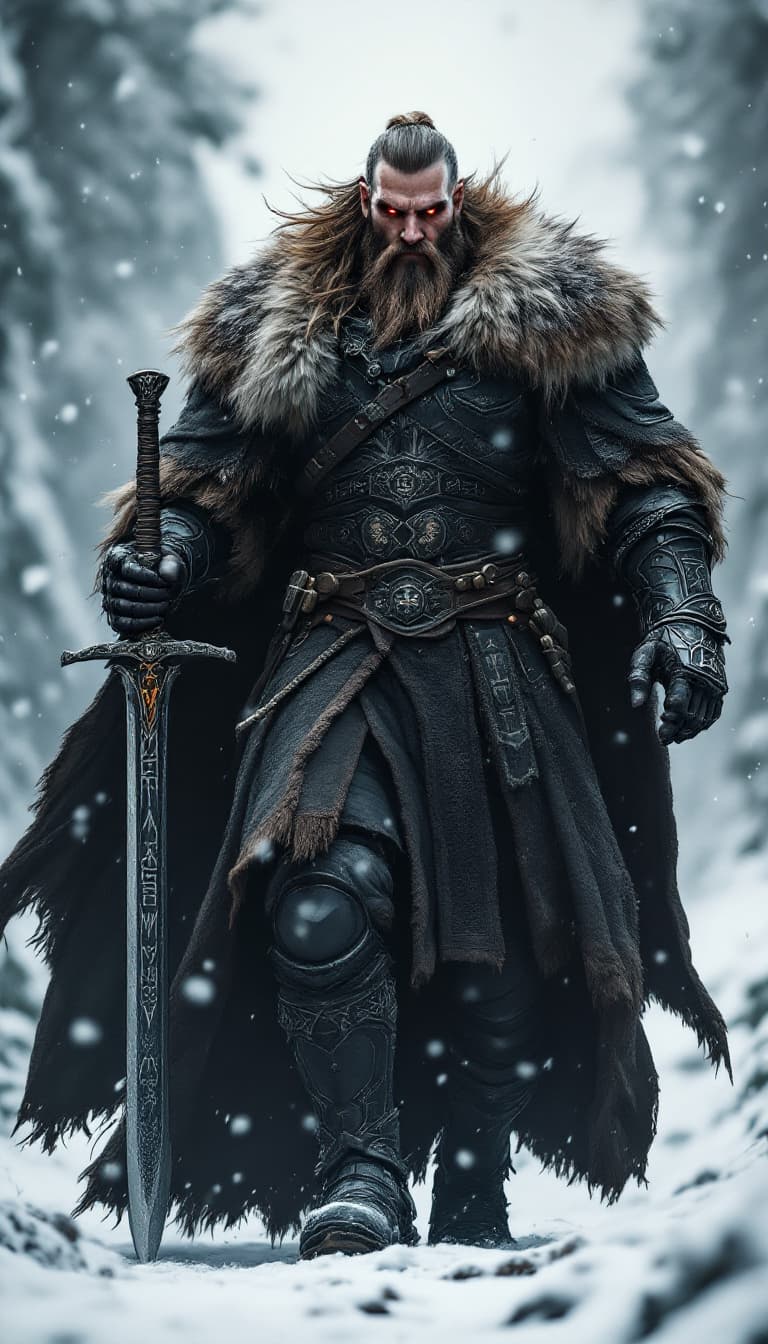 AI generated: An ultra-realistic, zoomed out, front facing full-body portrait of a towering Berserker, his fur-lin...