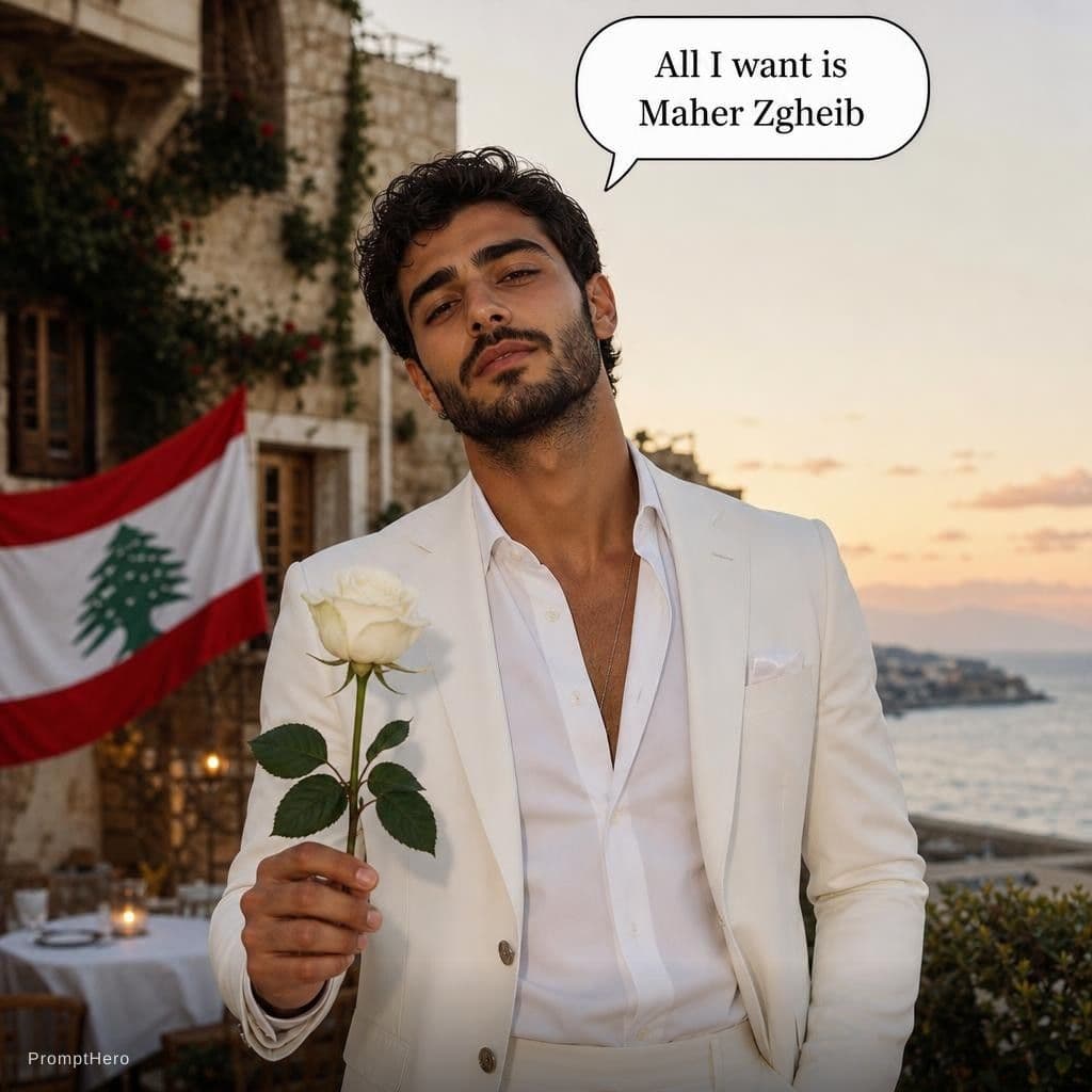 AI generated: Picture of A Lebanese guy who is hot wearing white suit with a flower in his hand and on his head th...
