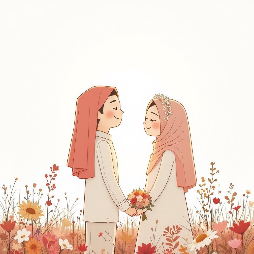AI generated: A muslim girl and boy for their wedding, micro art, them standing in the flowerly or heavenly place ...