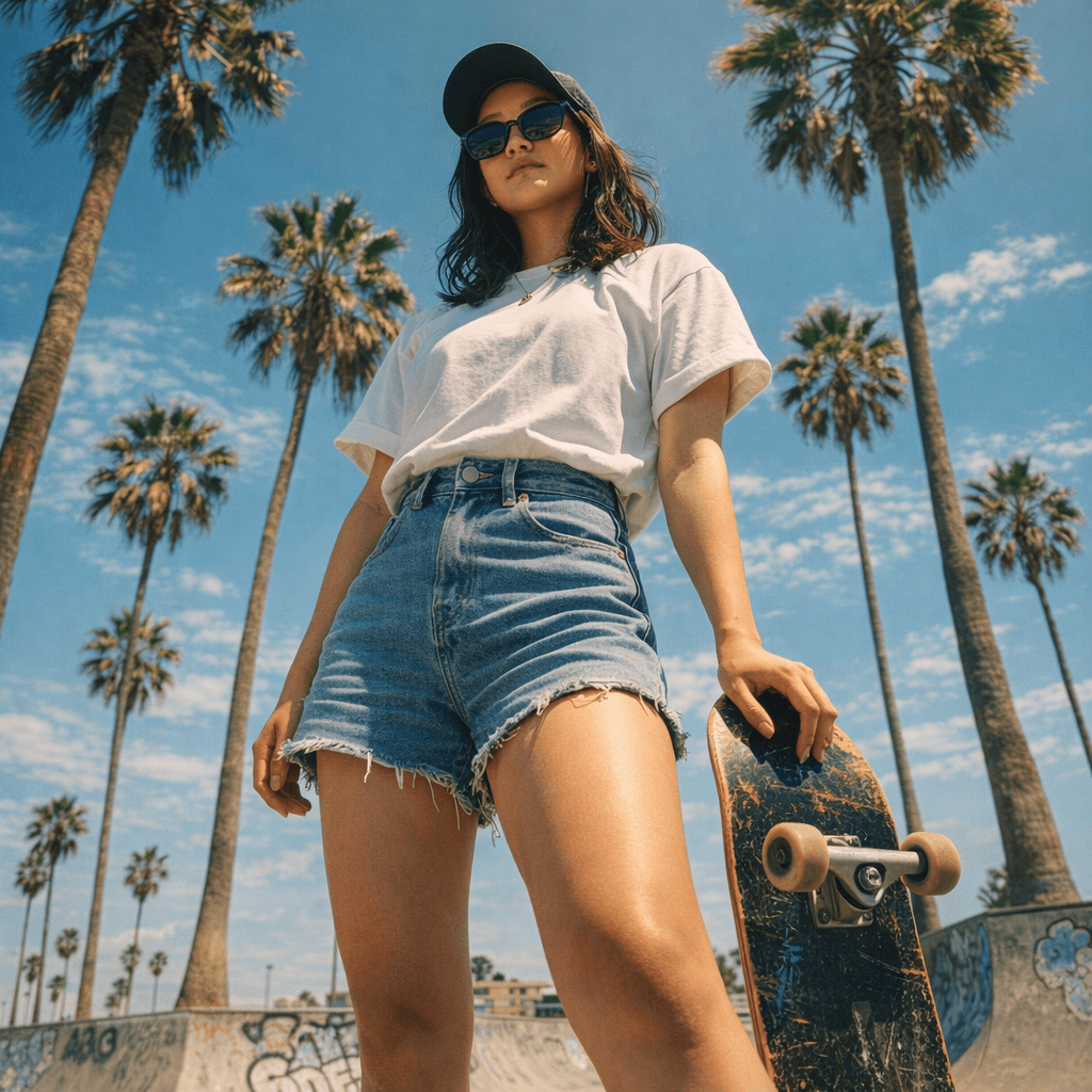 AI generated: {
  "title": "Venice Beach Skater Girl Editorial",
  "intent": "Create a cinematic low-angle portr...