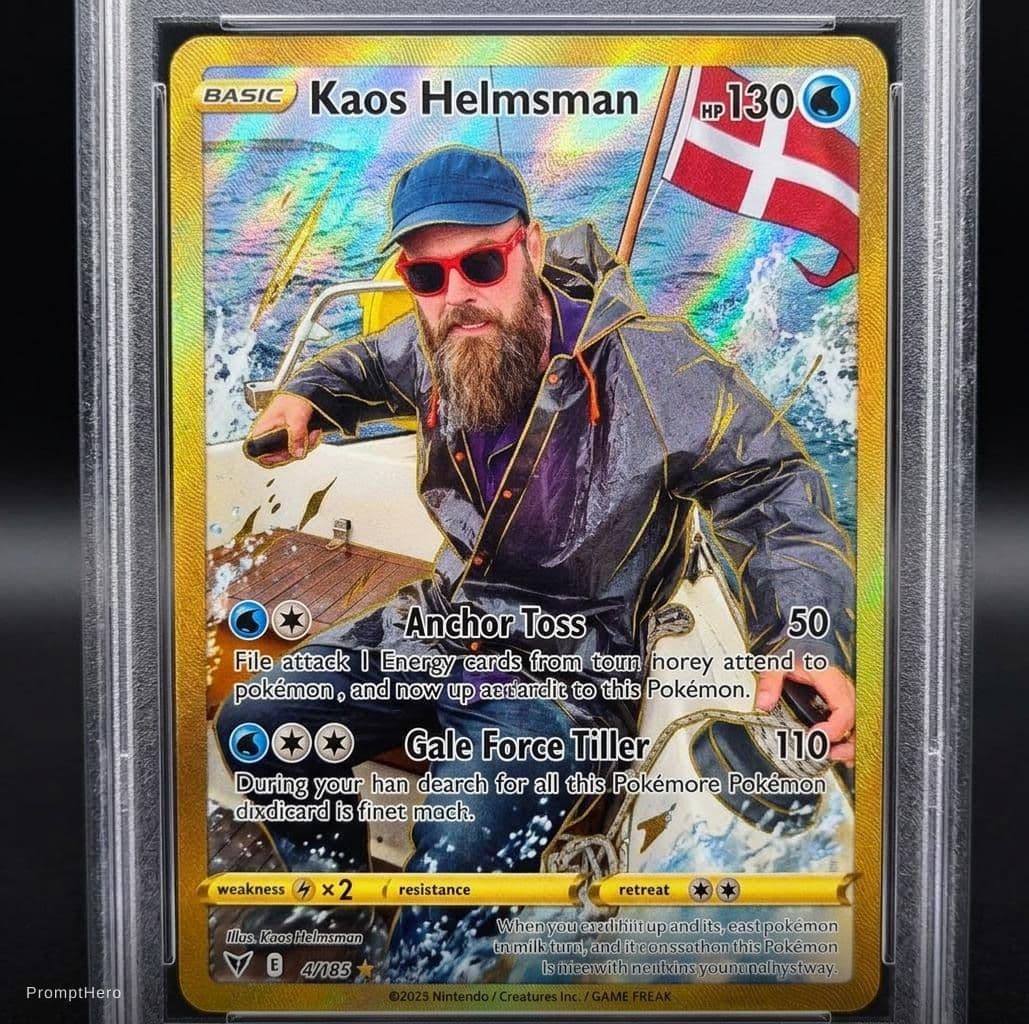 AI generated: Pokemon card, Kaos Helmsman,  rare, gold, holographic,