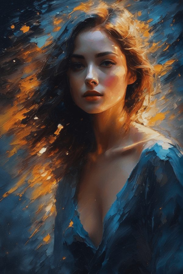 AI generated: A beautiful woman created from random paint blotches and brush strokes, eyes open, oil painting, slo...