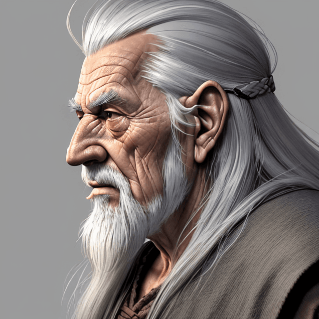 AI generated: side view of a face of a nice and wise old prehistoric man with long gray hair 8k