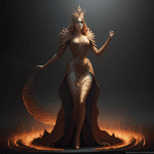 AI generated: young beautiful Queen of the fire standing on ground in spiral flame fog background, glorious, full ...