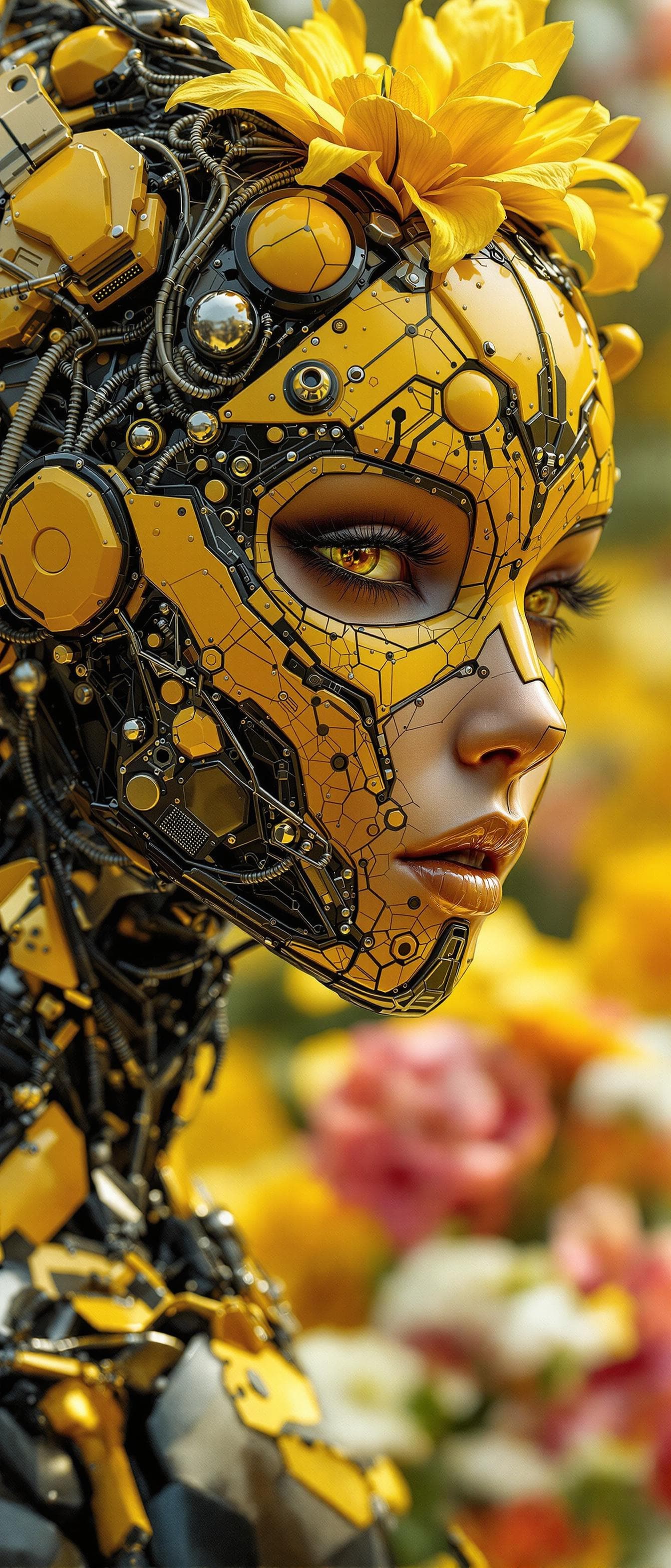 AI generated: complex 3d render ultra detailed of a beautiful yellow and black metal Honeybee android face and bod...