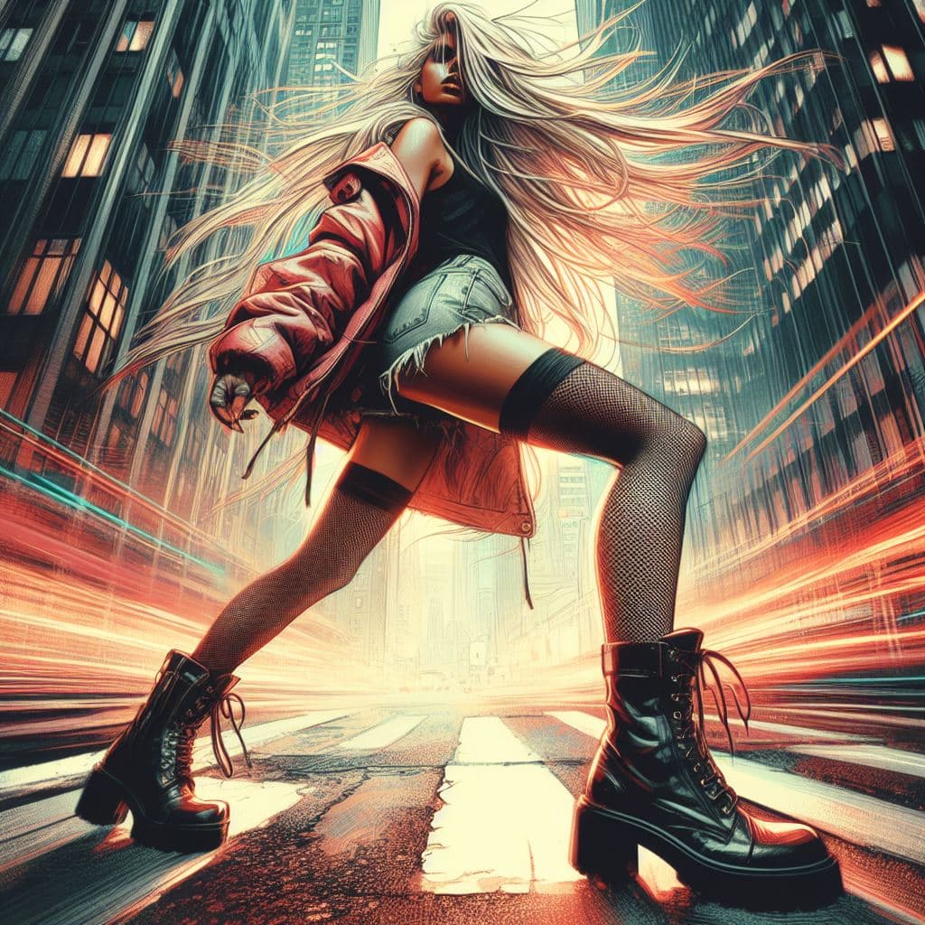 AI generated: aesthetic, painterly style, modern ink, urbanpunk, svelte young woman, combat boots, black jean shor...
