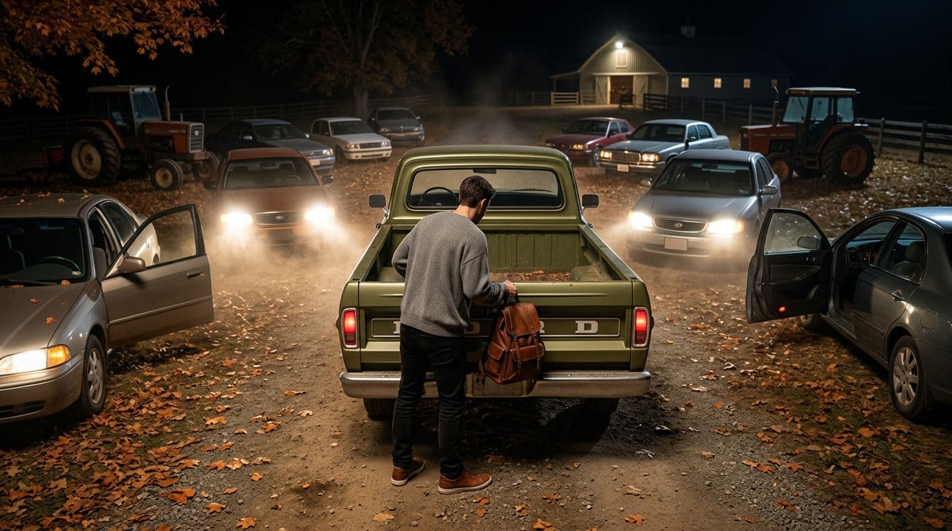 AI generated: In an Autumn night at a ranch. The vintage olive green Ford pick up truck is parked between nine car...